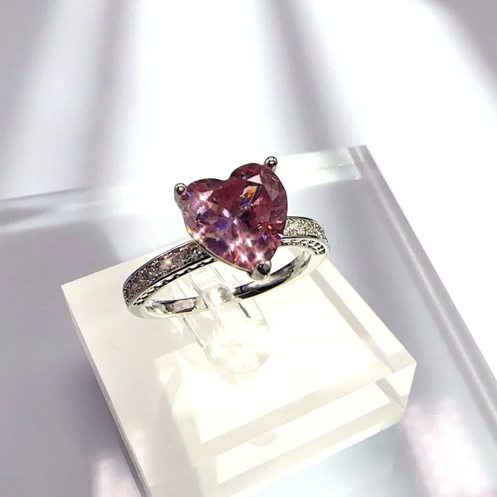 Heart Cut Pink Cubic Zirconia Ring With Accents In Silver Tone 7 - Picture 8 of 12